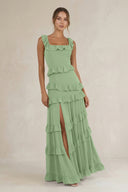 Tiered Square Neck Ruffled A-Line Bridesmaid Dress in Matcha | KISSBRIDAL
