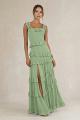 Tiered Square Neck Ruffled A-Line Bridesmaid Dress in Matcha | KISSBRIDAL