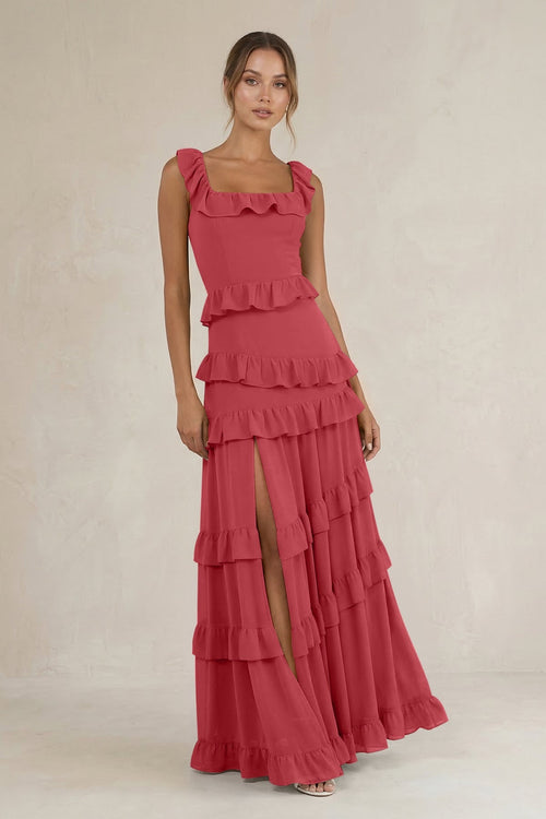 Tiered Square Neck Ruffled A - Line Bridesmaid Dress in Merlot - SHE IS ME Bridesmaid Dresses