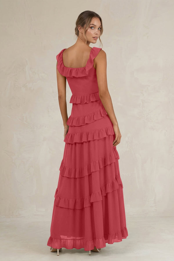 Tiered Square Neck Ruffled A - Line Bridesmaid Dress in Merlot - SHE IS ME Bridesmaid Dresses