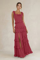 Tiered Square Neck Ruffled A-Line Bridesmaid Dress in Merlot | KISSBRIDAL