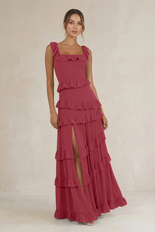 Tiered Square Neck Ruffled A-Line Bridesmaid Dress in Merlot | KISSBRIDAL