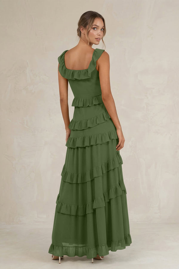 Tiered Square Neck Ruffled A-Line Bridesmaid Dress in Moss (2) | KISSBRIDAL