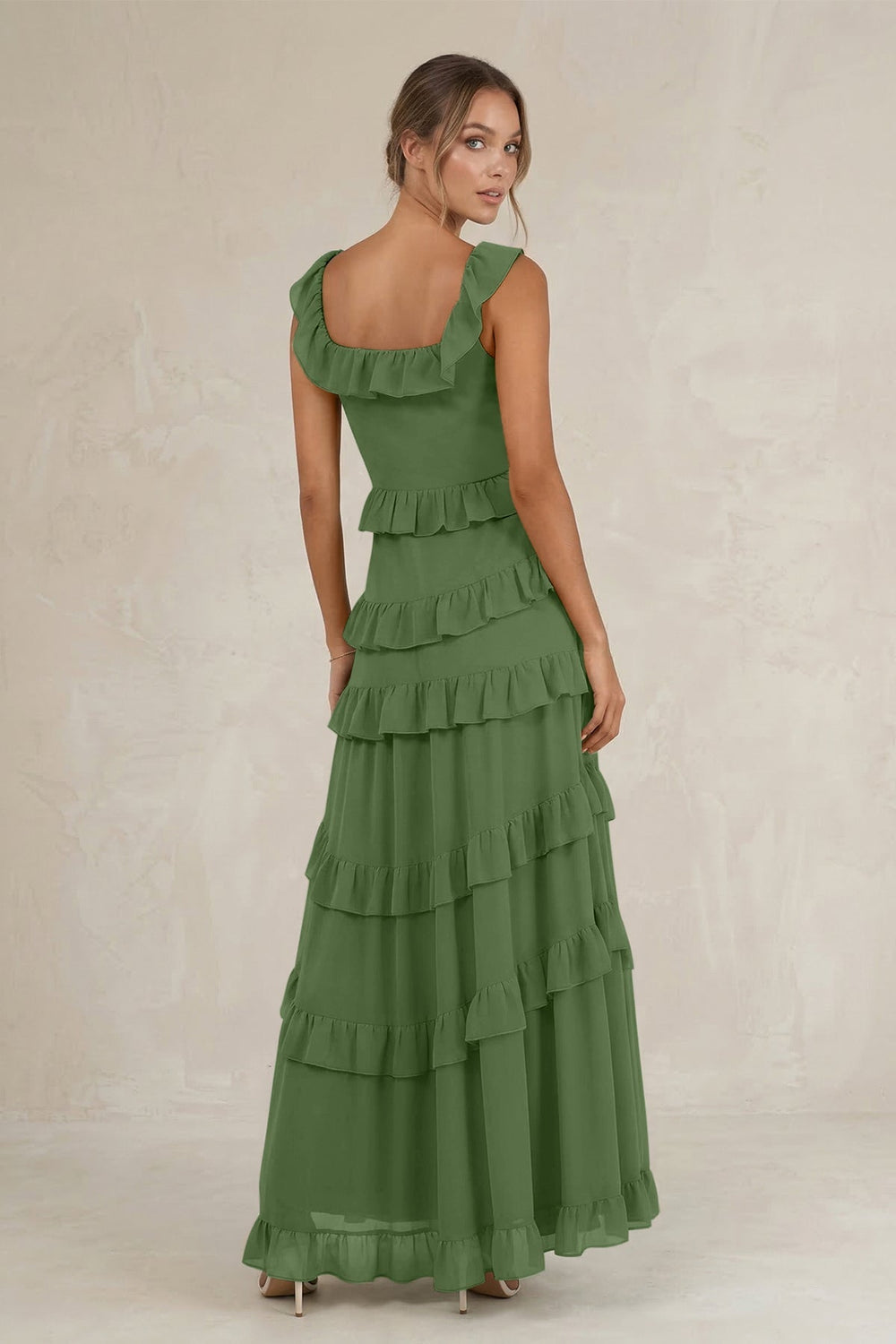 Tiered Square Neck Ruffled A - Line Bridesmaid Dress in Moss - KISS BRIDAL Bridesmaid Dresses