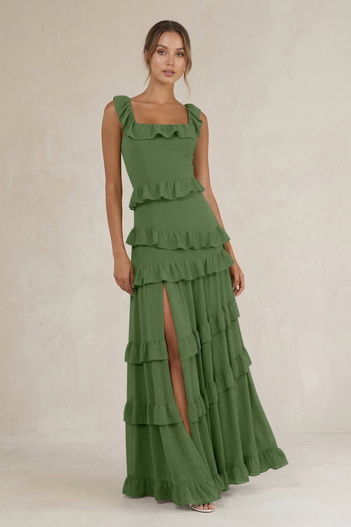 Tiered Square Neck Ruffled A - Line Bridesmaid Dress in Moss - SHE IS ME Bridesmaid Dresses