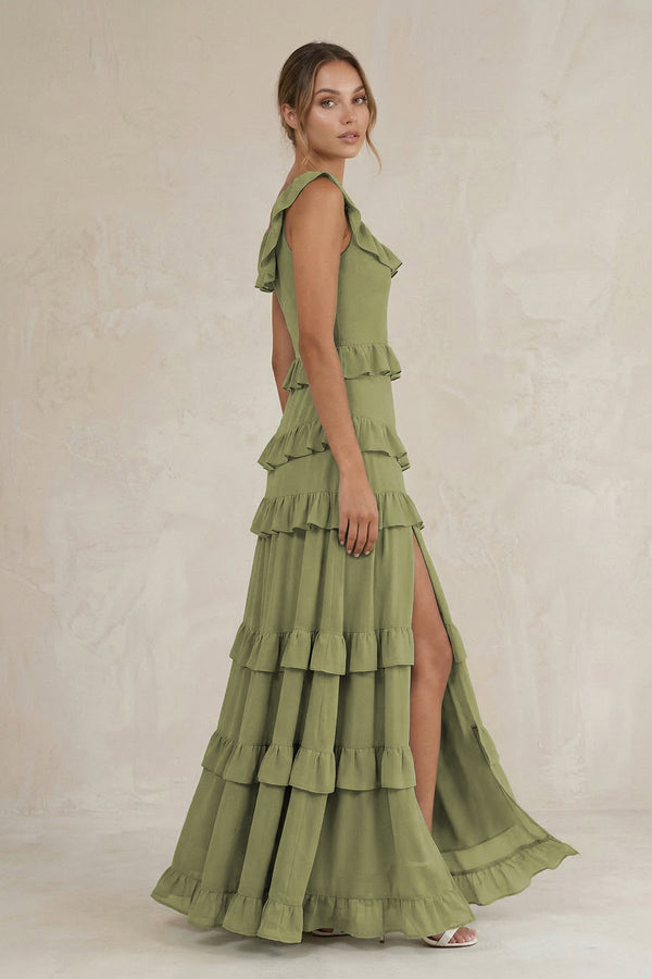 Tiered Square Neck Ruffled A - Line Bridesmaid Dress in Moss Green - SHE IS ME Bridesmaid Dresses