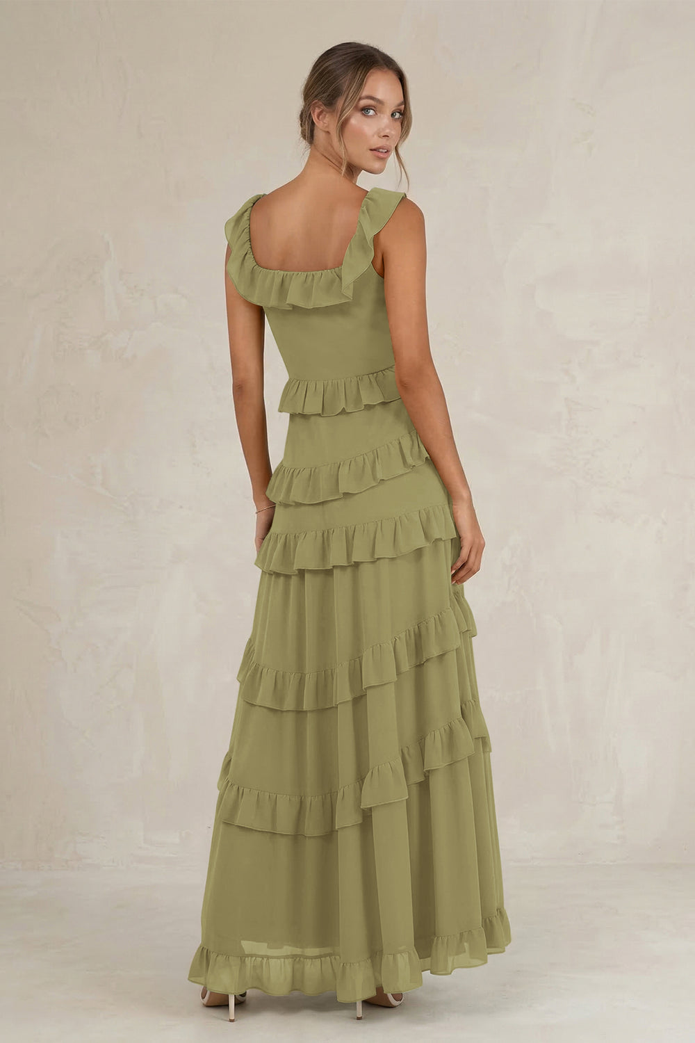 Tiered Square Neck Ruffled A-Line Bridesmaid Dress in Moss Green