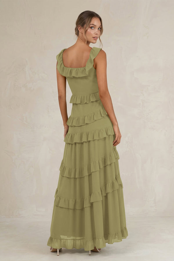 Tiered Square Neck Ruffled A-Line Bridesmaid Dress in Moss Green (2) | KISSBRIDAL