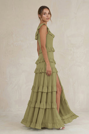 Tiered Square Neck Ruffled A-Line Bridesmaid Dress in Moss Green (3) | KISSBRIDAL