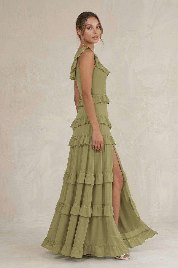 Tiered Square Neck Ruffled A-Line Bridesmaid Dress in Moss Green (3) | KISSBRIDAL