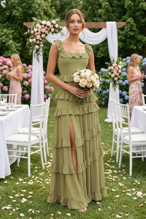 Tiered Square Neck Ruffled A-Line Bridesmaid Dress in Moss Green (4) | KISSBRIDAL
