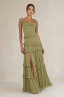 Tiered Square Neck Ruffled A-Line Bridesmaid Dress in Moss Green | KISSBRIDAL