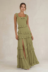 Tiered Square Neck Ruffled A-Line Bridesmaid Dress in Moss Green | KISSBRIDAL