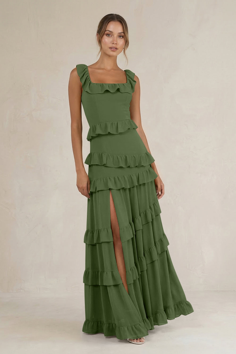 Tiered Square Neck Ruffled A-Line Bridesmaid Dress in Moss