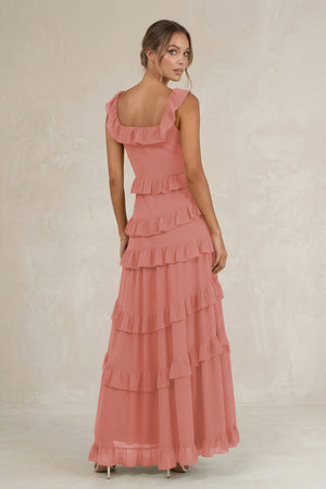 Tiered Square Neck Ruffled A-Line Bridesmaid Dress in Mulberry (2) | KISSBRIDAL