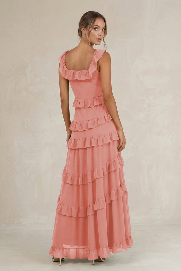 Tiered Square Neck Ruffled A - Line Bridesmaid Dress in Mulberry - SHE IS ME Bridesmaid Dresses