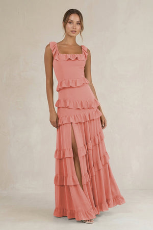 Tiered Square Neck Ruffled A - Line Bridesmaid Dress in Mulberry - SHE IS ME Bridesmaid Dresses