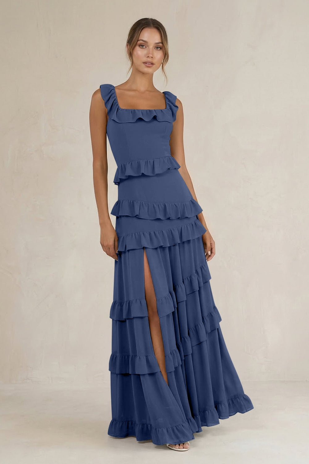 Tiered Square Neck Ruffled A - Line Bridesmaid Dress in Navy - KISS BRIDAL Bridesmaid Dresses