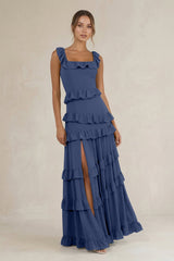 Tiered Square Neck Ruffled A - Line Bridesmaid Dress in Navy - KISS BRIDAL Bridesmaid Dresses