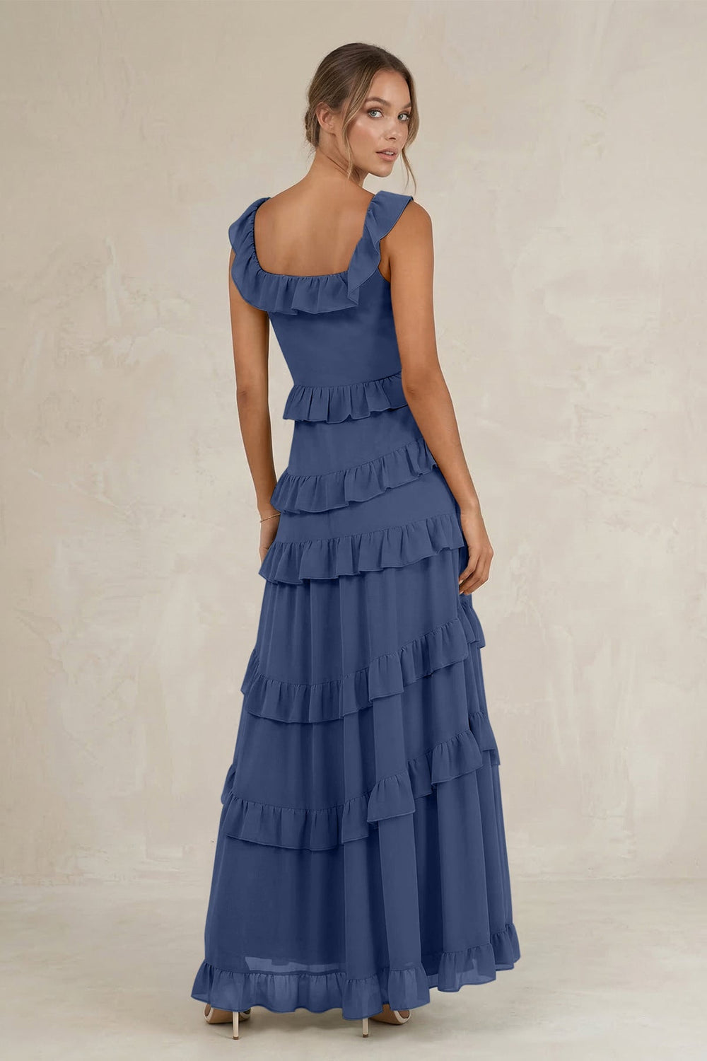 Tiered Square Neck Ruffled A - Line Bridesmaid Dress in Navy - KISS BRIDAL Bridesmaid Dresses