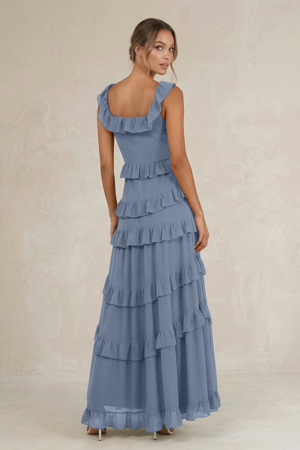 Tiered Square Neck Ruffled A - Line Bridesmaid Dress in Neptune - KISS BRIDAL Bridesmaid Dresses
