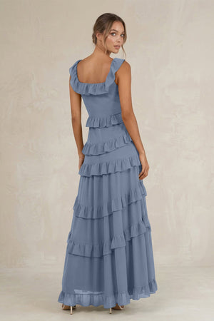 Tiered Square Neck Ruffled A - Line Bridesmaid Dress in Neptune - SHE IS ME Bridesmaid Dresses