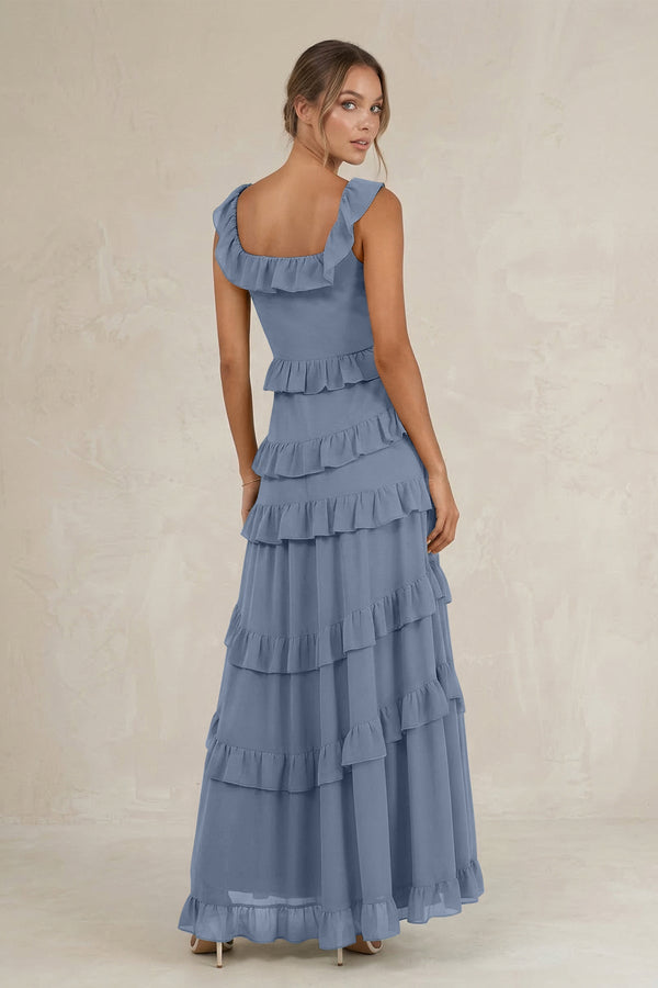 Tiered Square Neck Ruffled A - Line Bridesmaid Dress in Neptune - SHE IS ME Bridesmaid Dresses