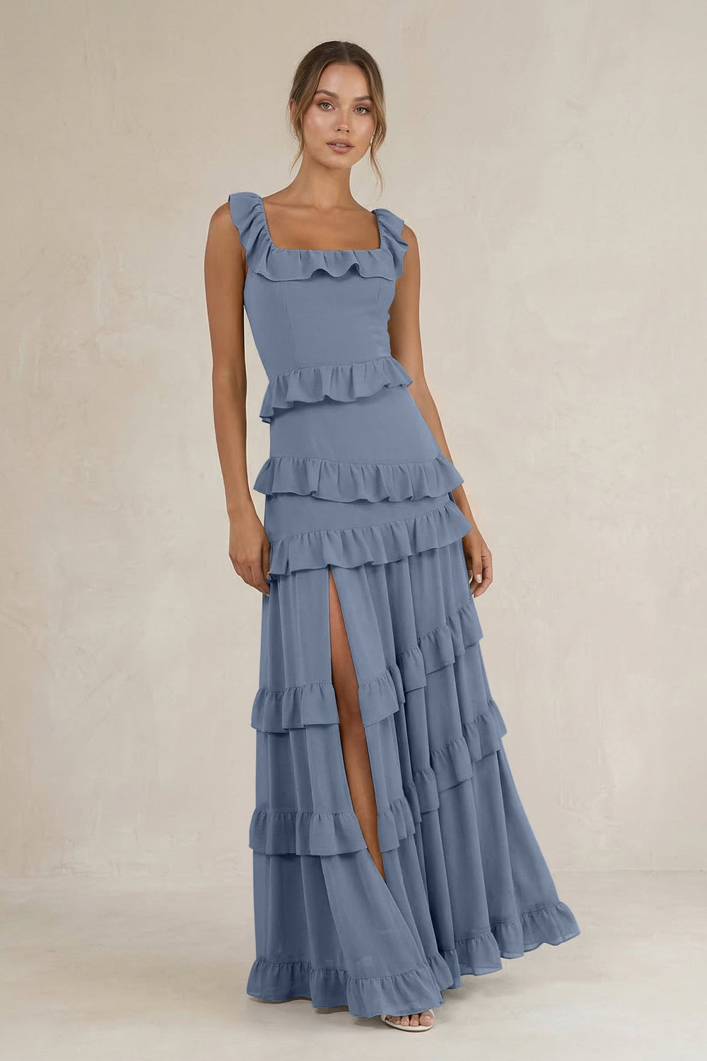 Tiered Square Neck Ruffled A - Line Bridesmaid Dress in Neptune - KISS BRIDAL Bridesmaid Dresses