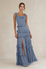 Tiered Square Neck Ruffled A - Line Bridesmaid Dress in Neptune - KISS BRIDAL Bridesmaid Dresses