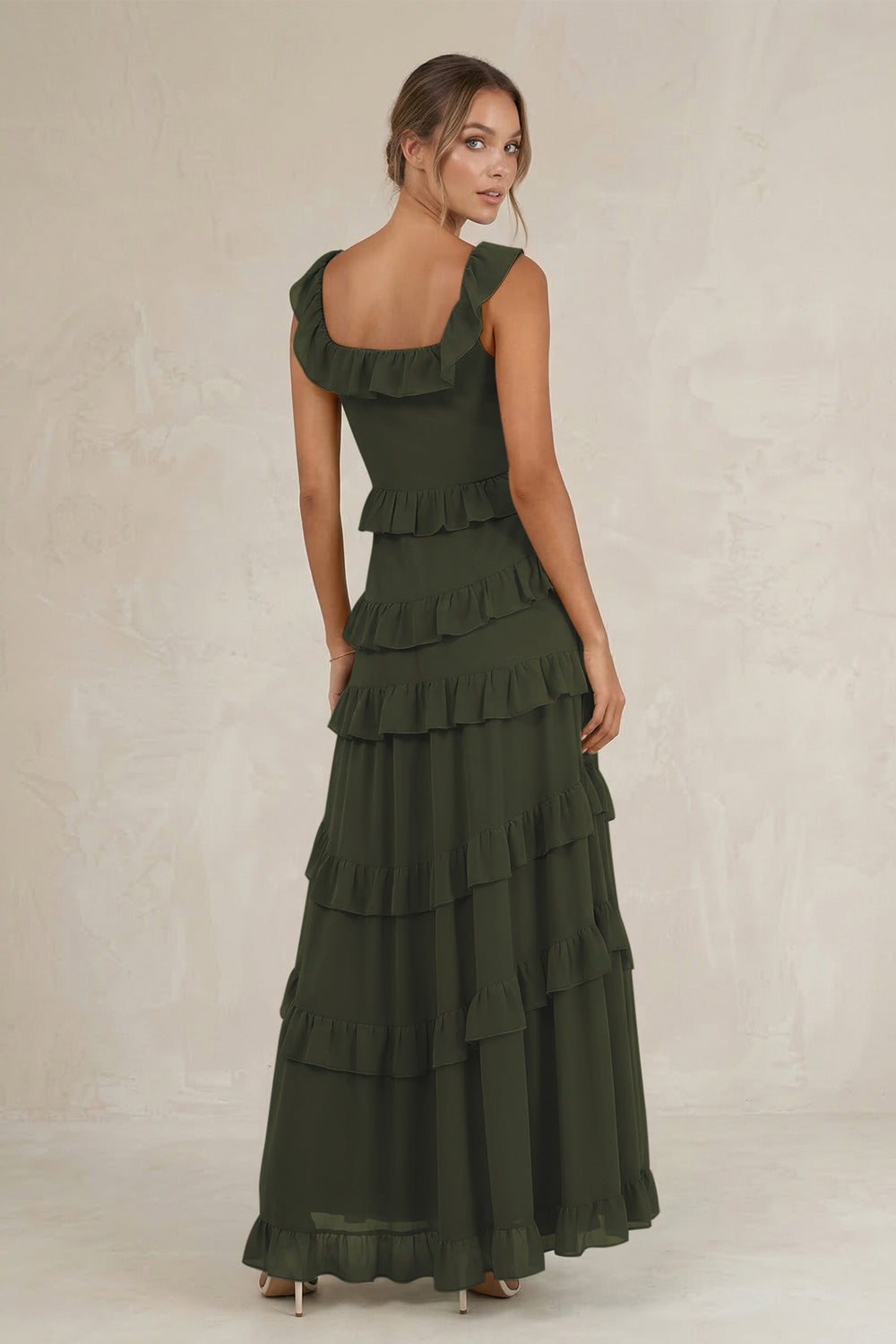 Tiered Square Neck Ruffled A-Line Bridesmaid Dress in Olive