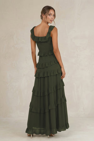 Tiered Square Neck Ruffled A-Line Bridesmaid Dress in Olive (2) | KISSBRIDAL
