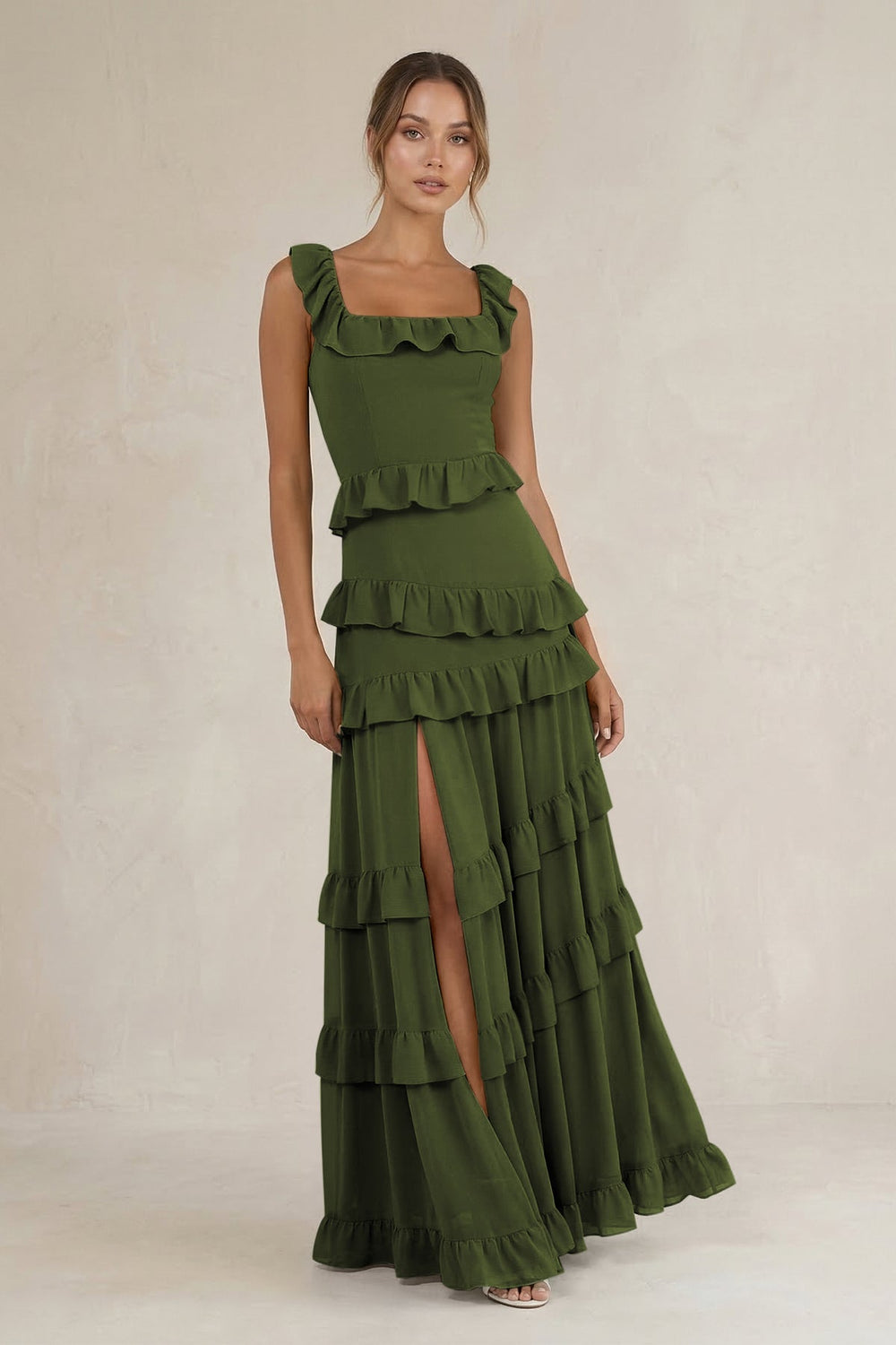 Tiered Square Neck Ruffled A - Line Bridesmaid Dress in Olive - KISS BRIDAL Bridesmaid Dresses