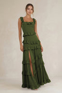 Tiered Square Neck Ruffled A - Line Bridesmaid Dress in Olive - SHE IS ME Bridesmaid Dresses