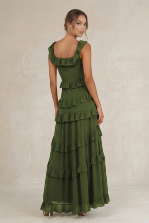 Tiered Square Neck Ruffled A - Line Bridesmaid Dress in Olive - SHE IS ME Bridesmaid Dresses