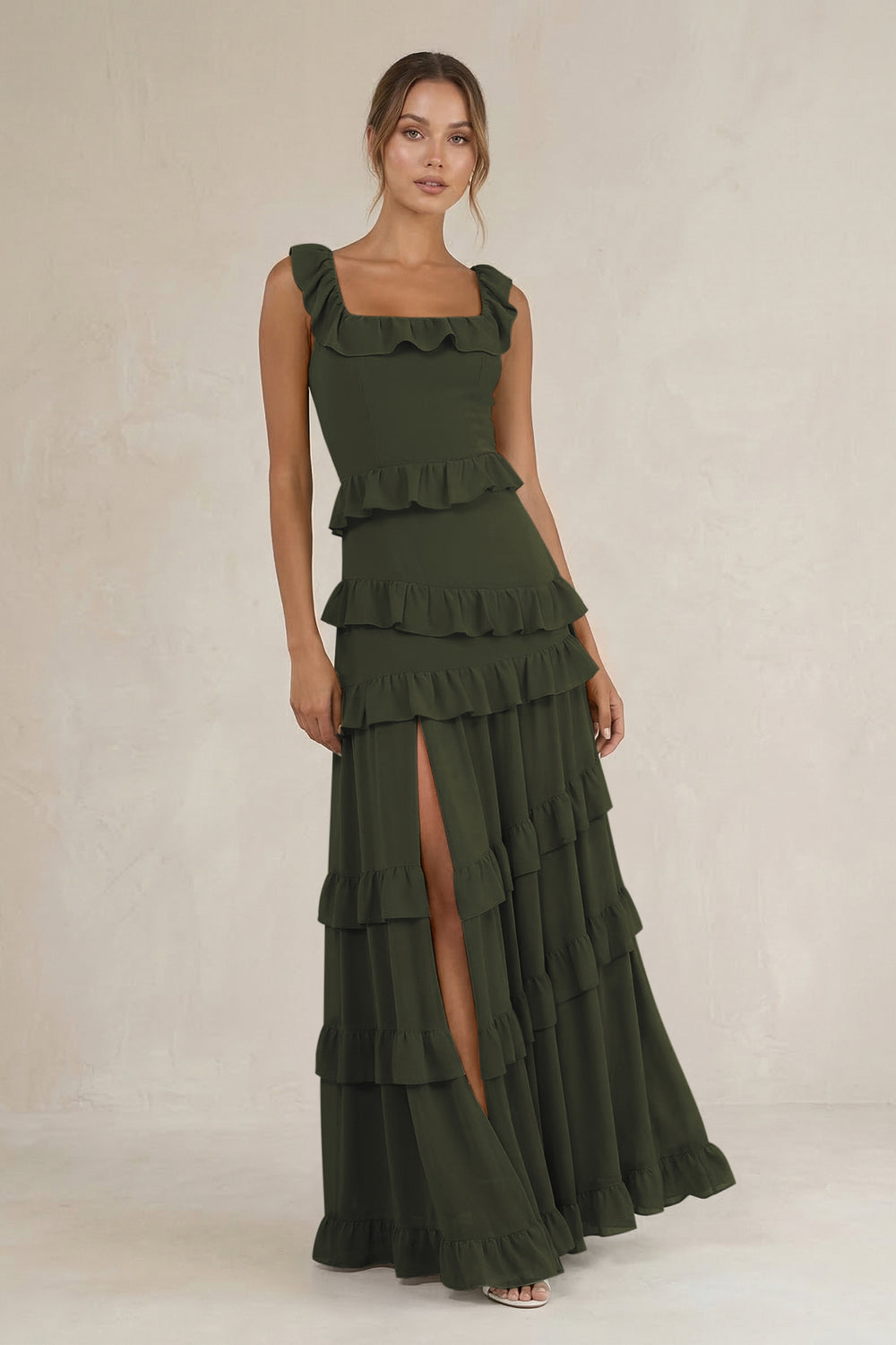 Tiered Square Neck Ruffled A-Line Bridesmaid Dress in Olive