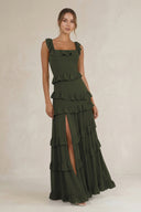 Tiered Square Neck Ruffled A-Line Bridesmaid Dress in Olive | KISSBRIDAL