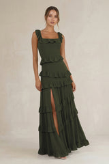 Tiered Square Neck Ruffled A-Line Bridesmaid Dress in Olive | KISSBRIDAL