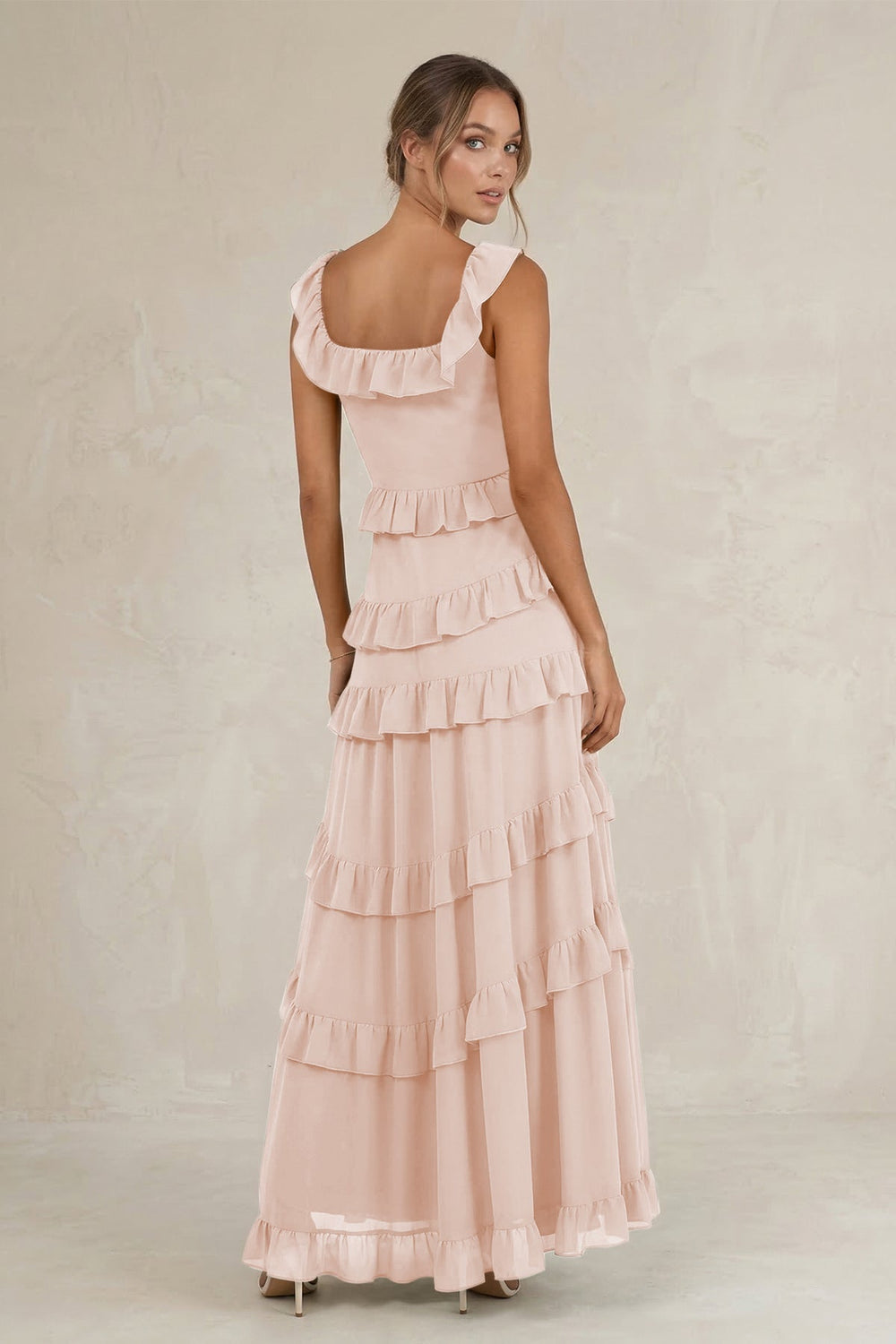 Tiered Square Neck Ruffled A - Line Bridesmaid Dress in Pale Blush - KISS BRIDAL Bridesmaid Dresses