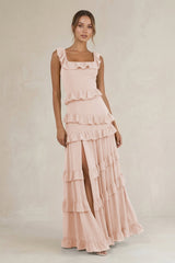 Tiered Square Neck Ruffled A - Line Bridesmaid Dress in Pale Blush - KISS BRIDAL Bridesmaid Dresses