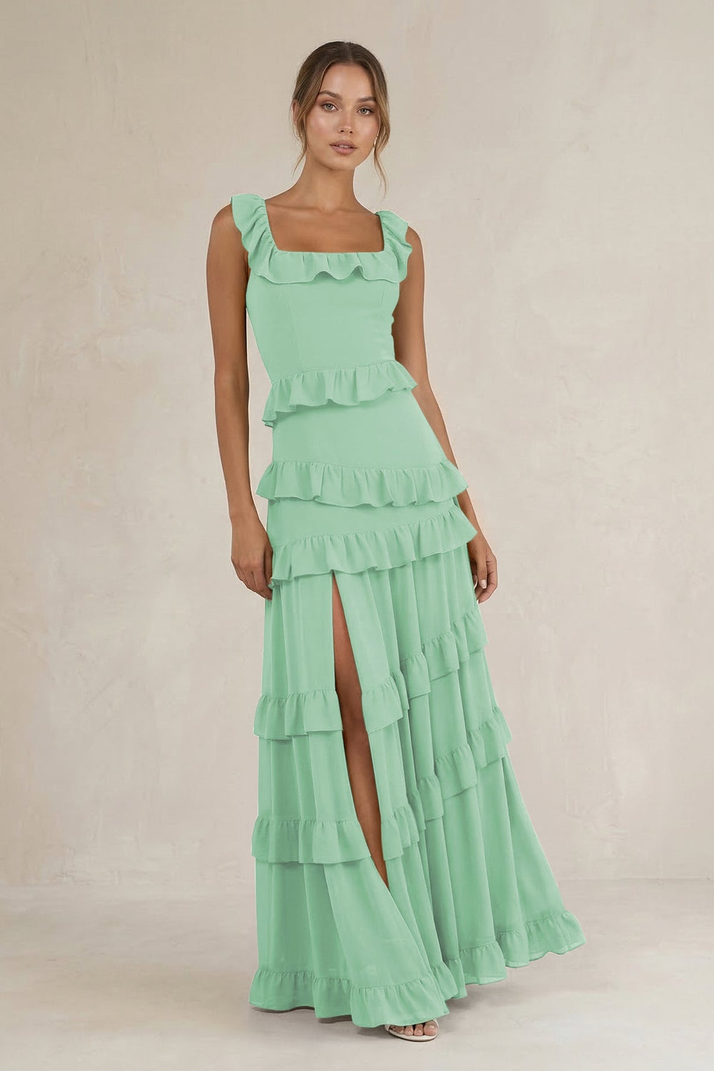 Tiered Square Neck Ruffled A - Line Bridesmaid Dress in Pale Pistachio - KISS BRIDAL Bridesmaid Dresses