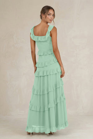 Tiered Square Neck Ruffled A-Line Bridesmaid Dress in Pale Pistachio (2) | KISSBRIDAL