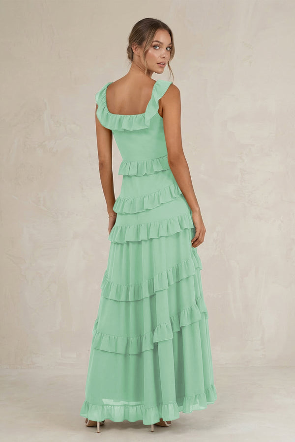 Tiered Square Neck Ruffled A - Line Bridesmaid Dress in Pale Pistachio - SHE IS ME Bridesmaid Dresses