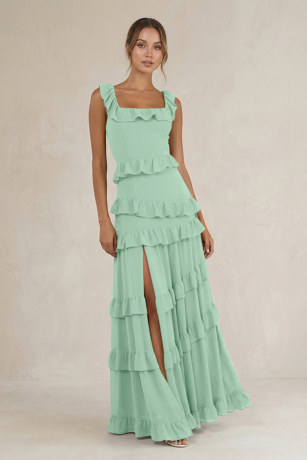 Tiered Square Neck Ruffled A-Line Bridesmaid Dress in Pale Pistachio