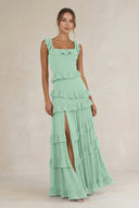 Tiered Square Neck Ruffled A-Line Bridesmaid Dress in Pale Pistachio | KISSBRIDAL