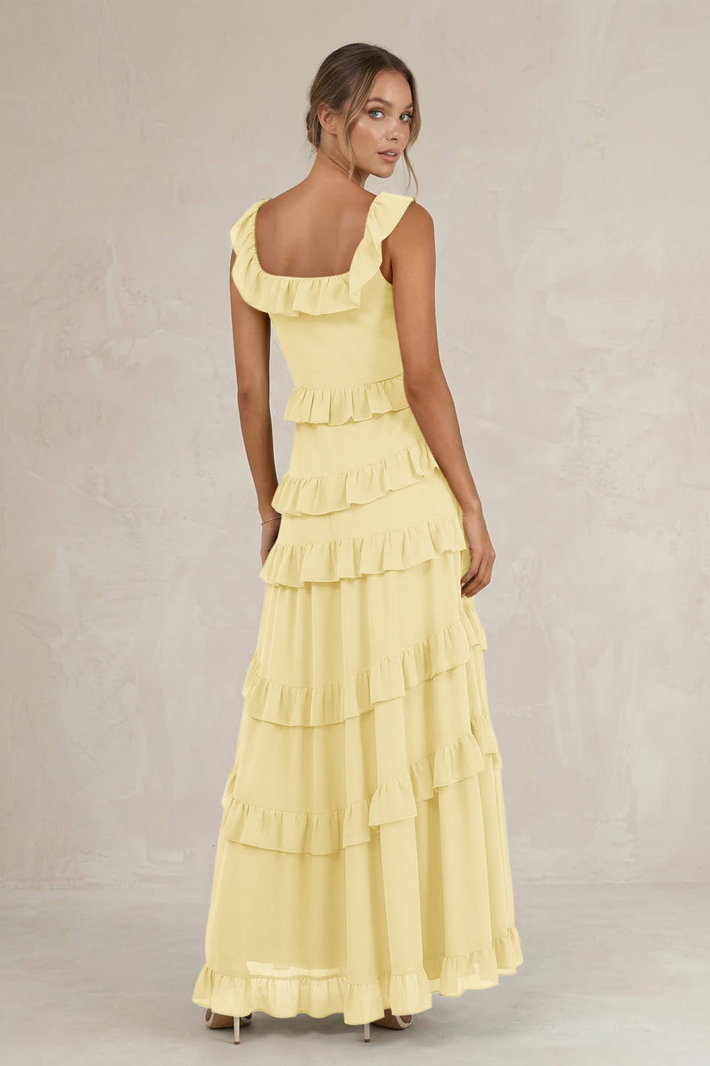 Tiered Square Neck Ruffled A - Line Bridesmaid Dress in Pastel Yellow - KISS BRIDAL Bridesmaid Dresses