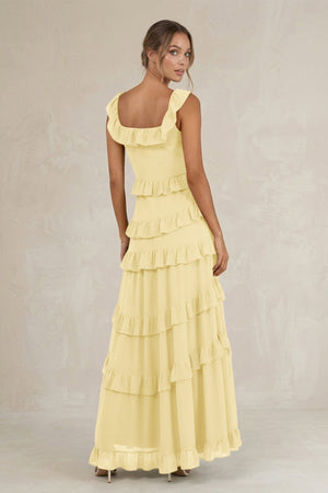 Tiered Square Neck Ruffled A - Line Bridesmaid Dress in Pastel Yellow - SHE IS ME Bridesmaid Dresses
