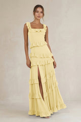 Tiered Square Neck Ruffled A - Line Bridesmaid Dress in Pastel Yellow - KISS BRIDAL Bridesmaid Dresses