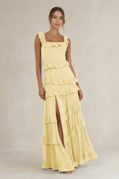 Tiered Square Neck Ruffled A - Line Bridesmaid Dress in Pastel Yellow - SHE IS ME Bridesmaid Dresses