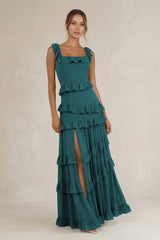 Tiered Square Neck Ruffled A - Line Bridesmaid Dress in Pine - KISS BRIDAL Bridesmaid Dresses