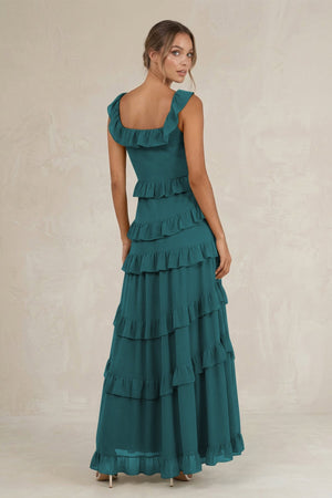 Tiered Square Neck Ruffled A - Line Bridesmaid Dress in Pine - SHE IS ME Bridesmaid Dresses